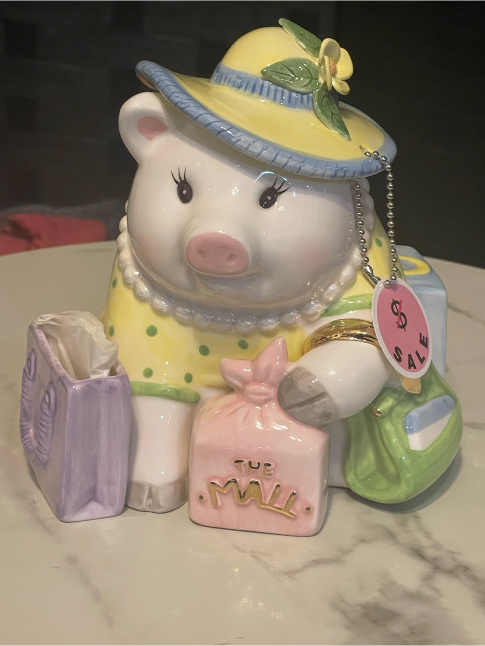 Mud Pie Piggy Coin Bank Yellow Dress Shopping Mall Fund Ceramic 6" X 6" Sale Tag